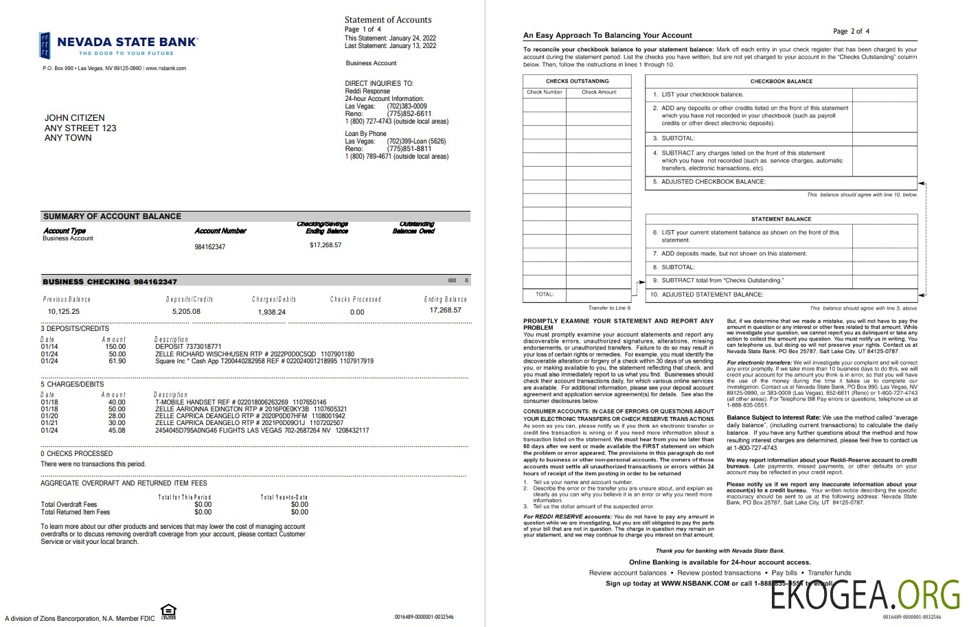 USA Nevada State Bank vérification commerciale st 4 pages